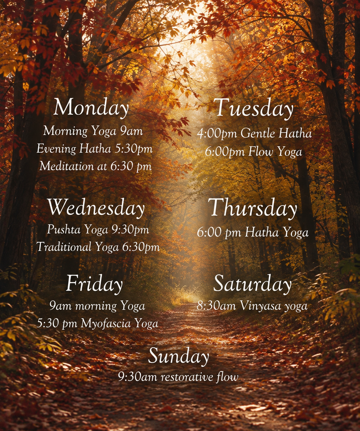 October Gardens weekly class schedule